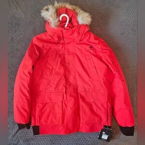 Vibrant Red Hooded Jacket with Fur Trim Down Filled 600
